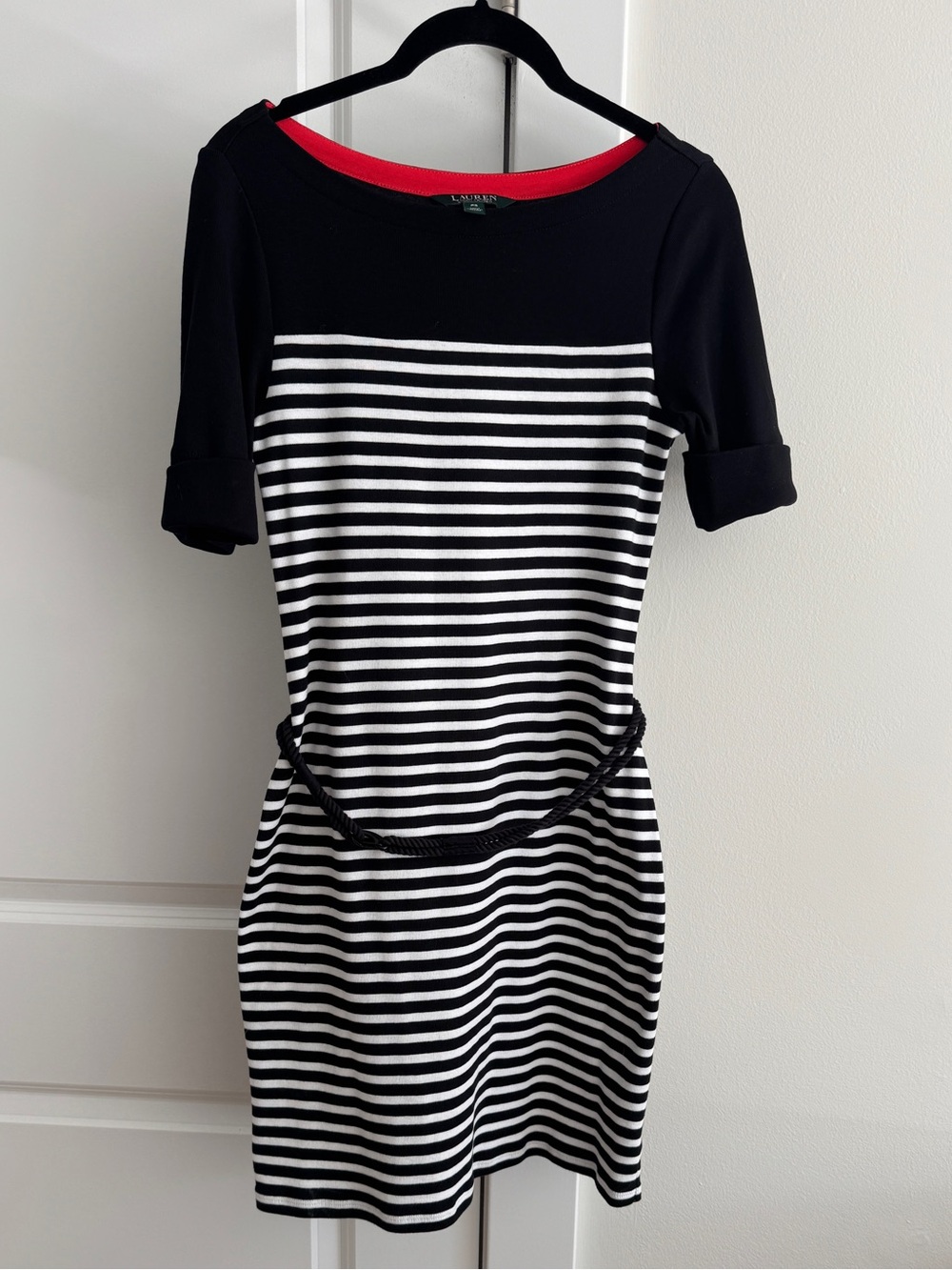 Lauren Ralph Lauren Striped Nautical Boat Neck Knit Dress Belted Black White PS